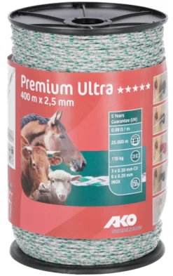 AKO Premium Ultra Weidezaunlitze, Länge 400 m, Ø 2,5 mm, weiß/grün